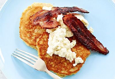 Recipe: <a href="http://kitchen.nine.com.au/2016/05/05/13/57/big-oat-pancakes-with-crispy-bacon-and-ricotta" target="_top">Big oat pancakes with crispy bacon and ricotta</a>