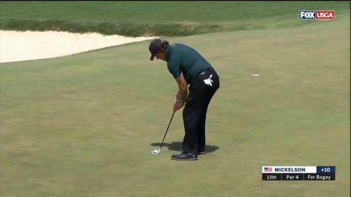 Mickelson, who turns 48 today, missed a bogey putt on the 13th before running the ball and hitting it again as it continued to roll away from the hole. Picture: Foxtel