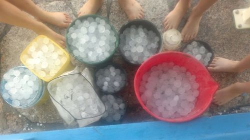 Buckets of hail collected at Stanthorpe. (Twitter, @DanienLMalcolm)
