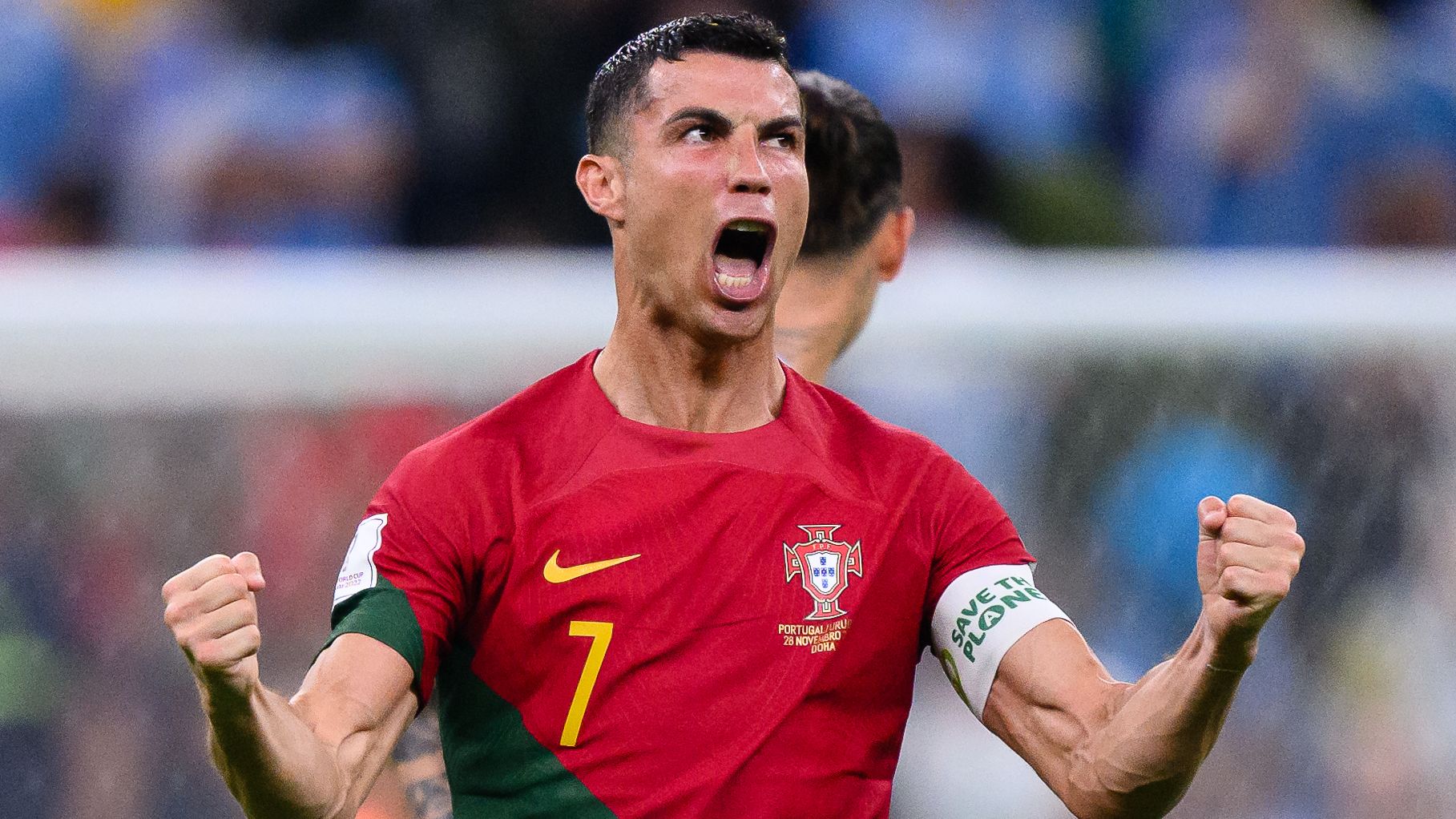 LUSAIL CITY, QATAR - NOVEMBER 28: Cristiano Ronaldo of Portugal celebrates after scoring his team&#x27;s first goal  during the FIFA World Cup Qatar 2022 Group H match between Portugal and Uruguay at Lusail Stadium on November 28, 2022 in Lusail City, Qatar. (Photo by Markus Gilliar - GES Sportfoto/Getty Images)