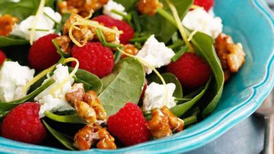 Click through for our cheeky <a href="http://kitchen.nine.com.au/2016/12/12/14/19/raspberry-spinach-and-persian-feta-salad-with-salted-candied-walnuts" target="_top">raspberry, spinach and Persian feta salad with salted candied walnuts </a>recipe