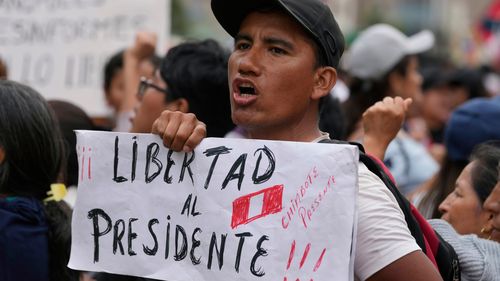 A supporter of ousted Peruvian President Pedro Castillo holds a poster with a message