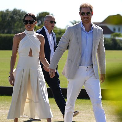 Prince Harry and Meghan Markle, Duchess of Sussex, at the 2024 Royal Salute Polo Challenge to Benefit Sentebale, Friday, April 12, 2024, in Wellington, Florida