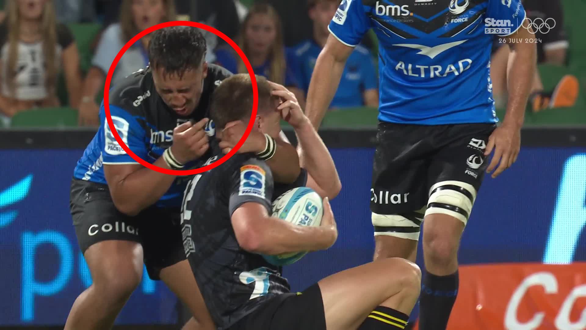 Marley Pearce of the WEstern Force suffers a suspected broken nose after head contact with Hurricanes star Jordie Barrett.