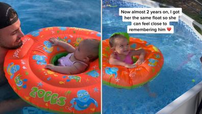 Baby in pool floatie.