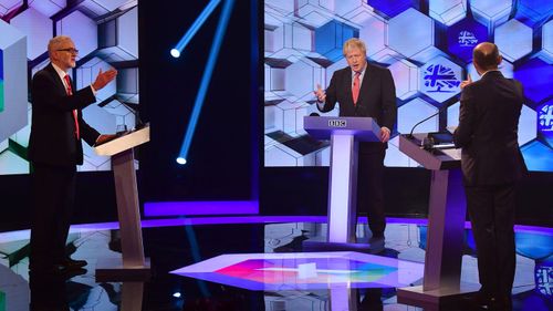 UK Prime Minister Boris Johnson and Labour Party leader Jeremy Corbyn go head to head in the BBC prime ministerial debate hosted by British journalist and presenter Nick Robinson at Maidstone Studios on December 06, 2019 in Maidstone, Kent, England.