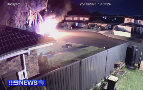 A Mercedes was destroyed by fire three and a half kilometres away at an apartment block on Sherwood Street in Merrylands West.