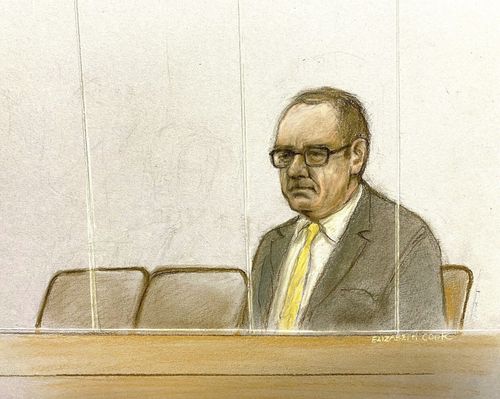 Court artist sketch by Elizabeth Cook of actor Kevin Spacey in the dock at Southwark Crown Court, London, Friday, June 30, 2023. 