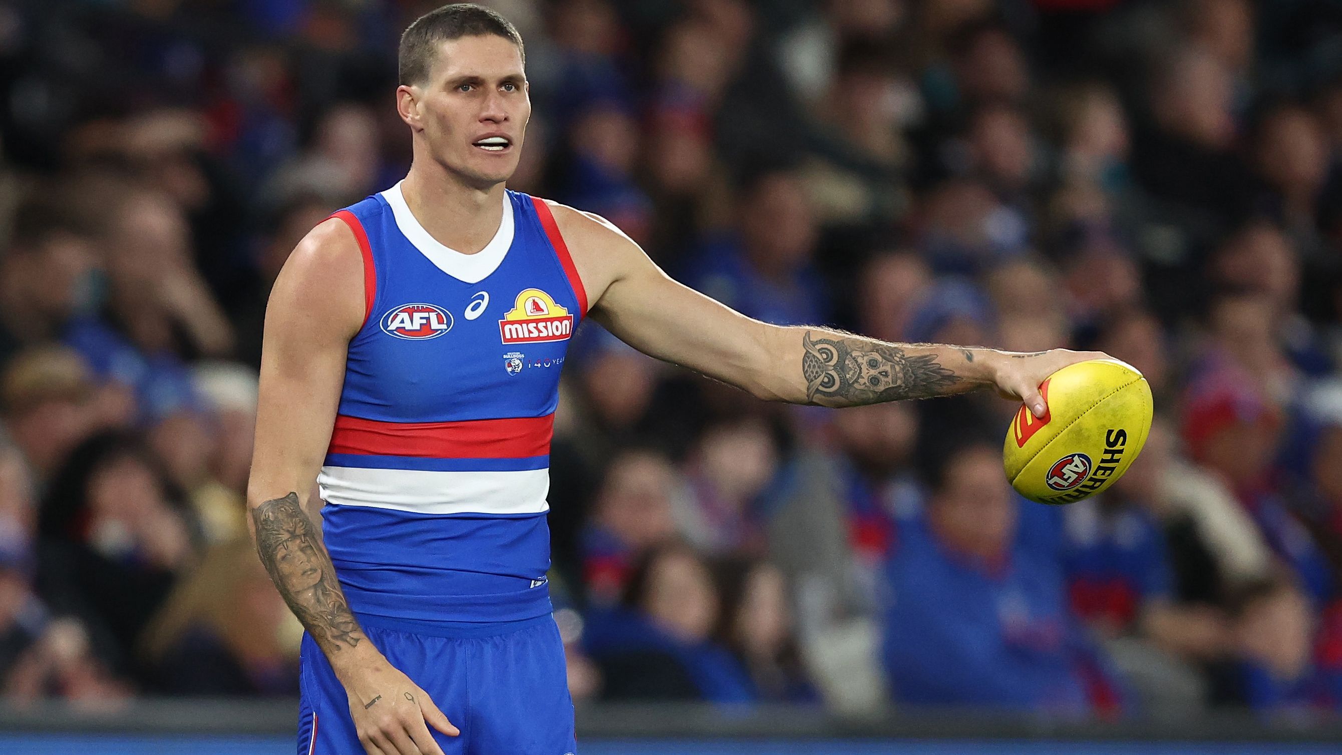 MELBOURNE, AUSTRALIA - JUNE 09: Rory Lobb of the Bulldogs in action during the 2023 AFL Round 13 match between the Western Bulldogs and the Port Adelaide Power at Marvel Stadium on June 9, 2023 in Melbourne, Australia. (Photo by Michael Willson/AFL Photos via Getty Images)