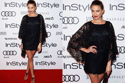 TV host and new mum Rachel Finch opts for a lacy vampy look.