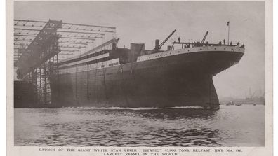 The glossy front of the Titanic launch day postcard.