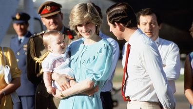 Prince Charles, Prince of Wales, Diana, Princess of Wales and baby son Prince William arrive at Alice Springs airport on March 20, 1983 in Australia.