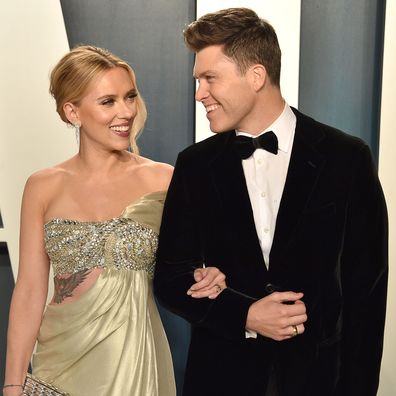 Scarlett Johansson and Colin Jost attend the 2020 Vanity Fair Oscar Party at Wallis Annenberg Center for the Performing Arts on February 09, 2020 in Beverly Hills, California. 