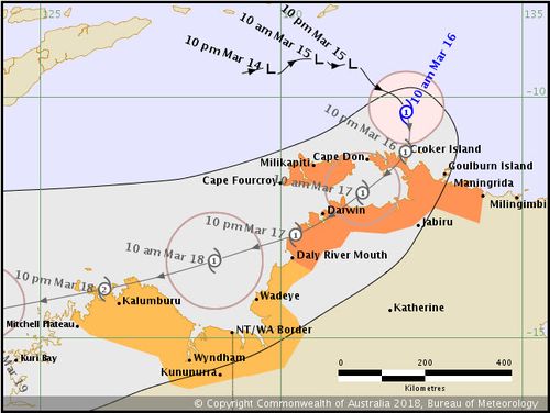 Tropical Cyclone Marcus has formed into a Category 1 storm that is set to make landfall near Darwin and move towards the southwest over the coming days. Picture: BoM