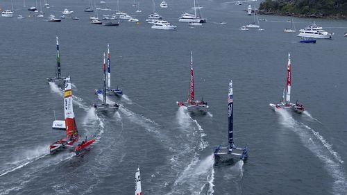In this photo provided by SailGP teams compete on Sydney Harbour during race 1 of the Australia Sail Grand Prix in Sydney, Australia, Saturday Feb. 18, 2023. (Simon Bruty for SailGP via AP)