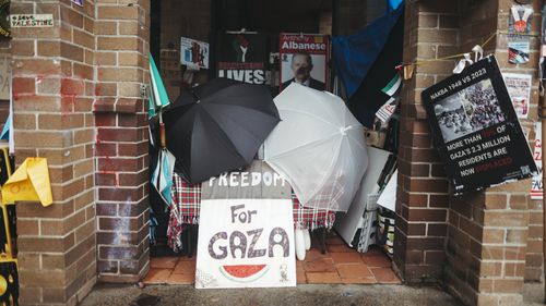 Pro-Palestine protesters have been camping out 24/7 outside Prime Minister Anthony Albanese's electorate office in Grandyler. There are reports that the majority of his staff are working from home/other locations, effectively closing his electorate office, Thursday 4th of April 2024.Photo: Dion Georgopoulos / The Sydney Morning Herald