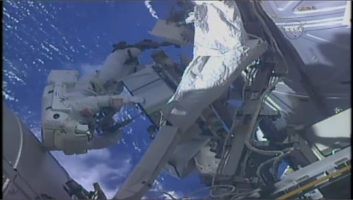 An astronaut was caught in a confusing situation mid-spacewalk when he couldn't get his GoPro camera to record. Picture: Supplied.