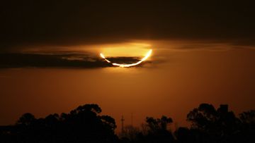 The moon blocks the sun during yesterday&#x27;s total solar eclipse.