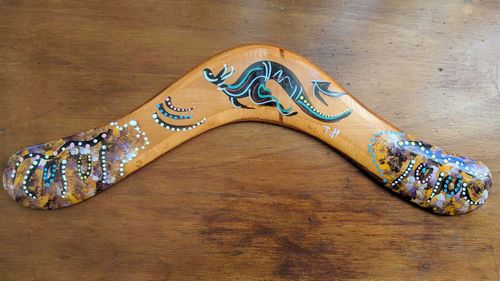 A Vietnamese-made boomerang on sale in Sydney. (Harry Easton)