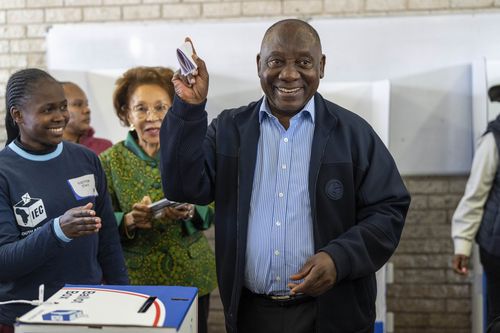 South African President Cyril Ramaphosa casts his ballot Wednesday May 29, 2024 for the general elections in Soweto, South Africa. 