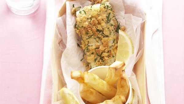 Rice-crumbed fish and chips. Photographer: Jason Hamilton. Stylist: Justine Osborne