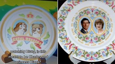 Commemorative plate depicting Prince Charles and Princess Diana as dogs in Bluey.