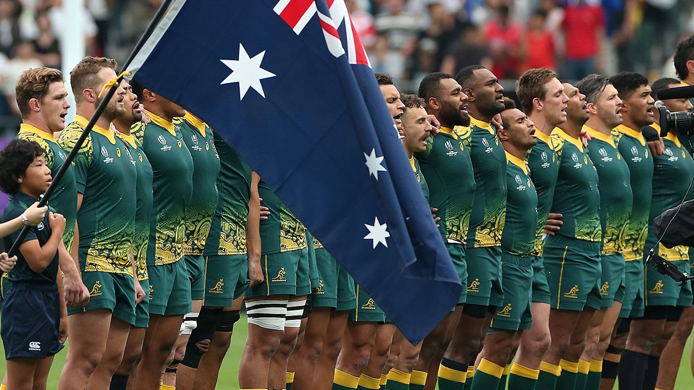 Australian players line up for the national anthem prior to the Rugby World Cup 2019