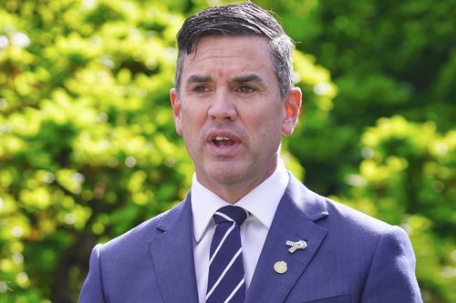 Photo of Victorian Opposition Leader Brad Battin during a press conference at the Parliament of Victoria in Melbourne, Saturday, October 11, 2025. Photo THE AGE/ LUIS ENRIQUE ASCUI