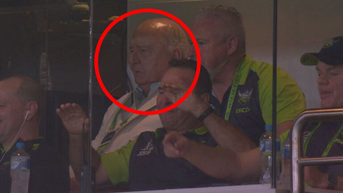 Alan Jones in the Canberra Raiders coaches box in their Magic Round win over the Bulldogs.