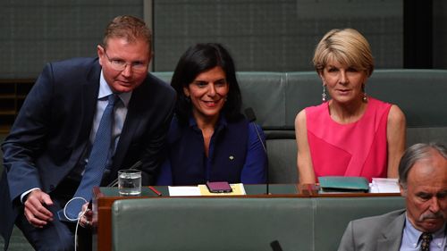 Liberal members Craig Laundy, Julia Banks and Julie Bishop during Question Time yesterday.