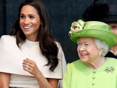 Meghan, Duchess of Sussex and Queen Elizabeth II attend a ceremony to open the new Mersey Gateway Bridge on June 14, 2018 in Widnes, England