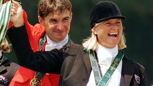 Gillian Rolton (left) celebrating her gold medal win in the three day team event at the Atlanta Olympics.