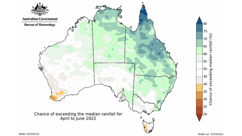 Image: ACCESS-S2 chance of exceeding median rainfall for April to June 2022. 
