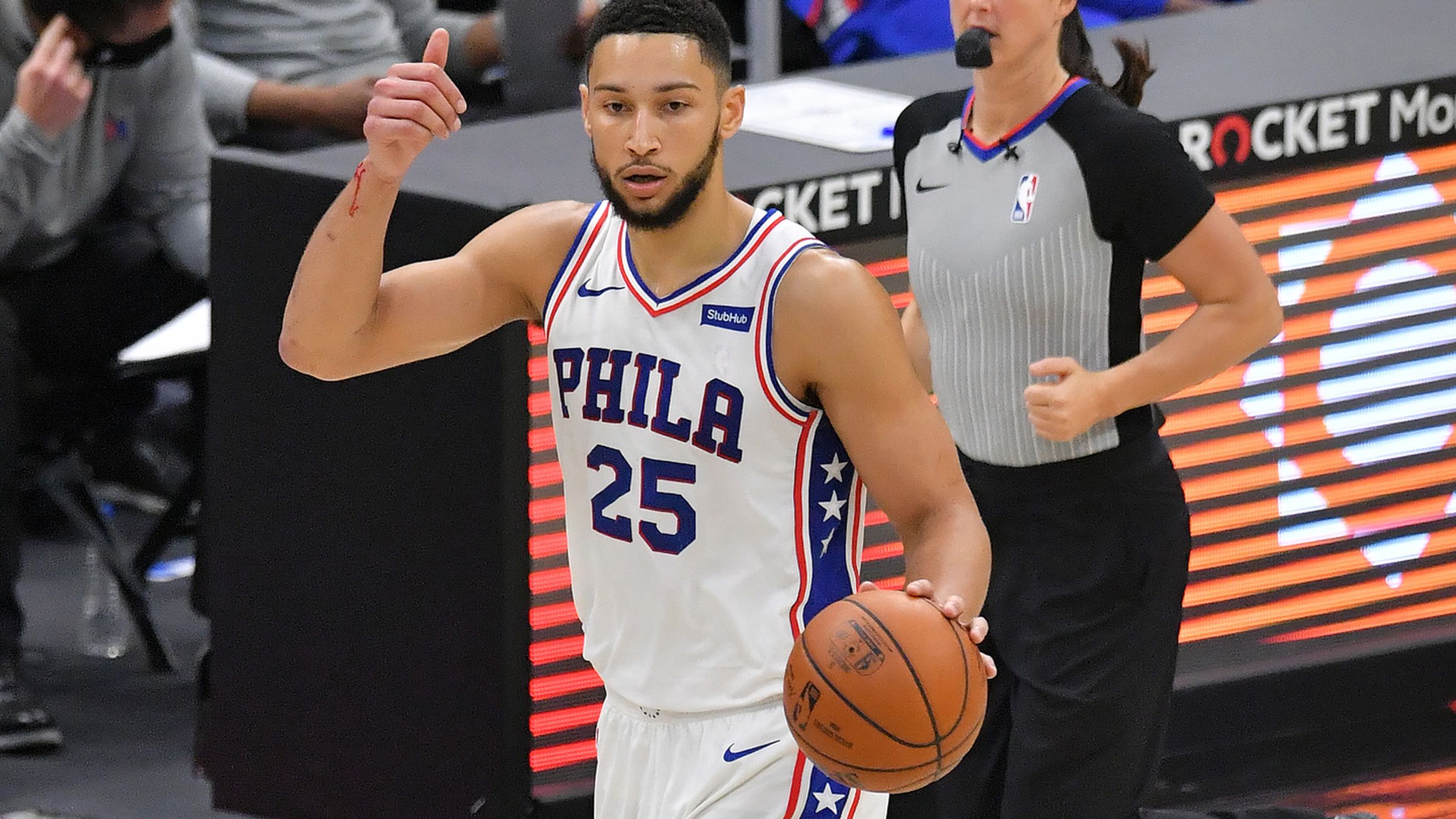 Ben Simmons hits the third three pointer of his NBA career in Philadelphia 76ers rout of Orlando Magic