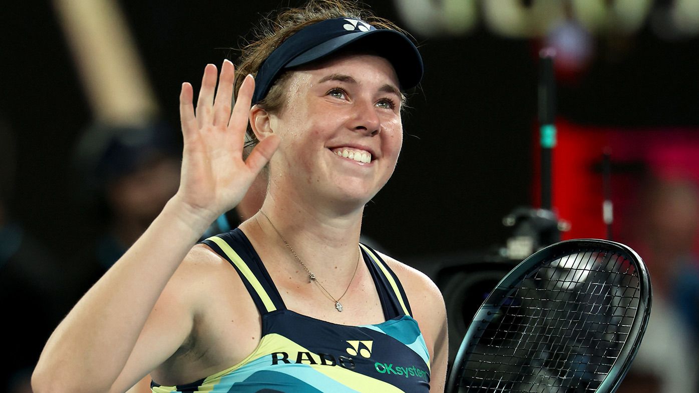 Linda Noskova of the Czech Republic celebrates match point in their round three singles match against Iga Swiatek of Poland during the 2024 Australian Open at Melbourne Park on January 20, 2024 in Melbourne, Australia. (Photo by Cameron Spencer/Getty Images)