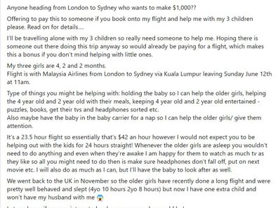 Facebook post of mum asking for help with three kids on flight.