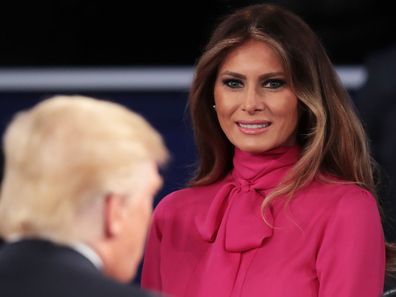 Melania Trump wears a pussy bow blouse at the first presidential debate in 2016.