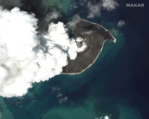 This satellite image provided by Maxar Technologies shows an overview of Hunga Tonga Hunga Haapai volcano in Tonga on Dec. 24, 2021. (Satellite image ©2022 Maxar Technologies via AP)