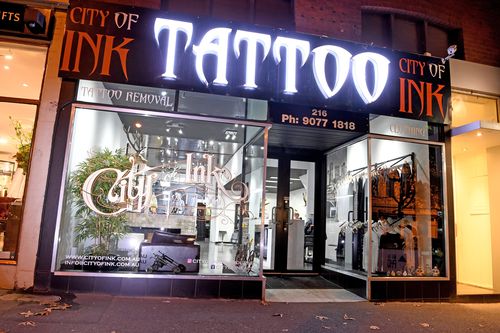 A file photo of former Richmond player Jake King's Melbourne tattoo parlour, which was part of this morning's police operation.