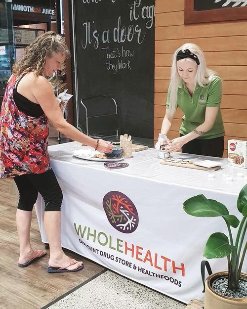 The photos show Toyah handing out samples to customers.