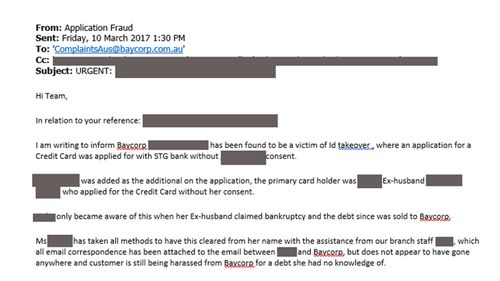 An email from St George to Baycorp in which the bank accuses the debt collector of continuing to harass Sarah even as they are attempting to buy back the debt.