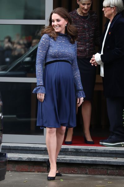 Duchess of Cambridge Kate Middleton wearing the 'Marlene' maternity dress by Seraphine at the  Place2Be Headquarters on March 7, 2018&nbsp;