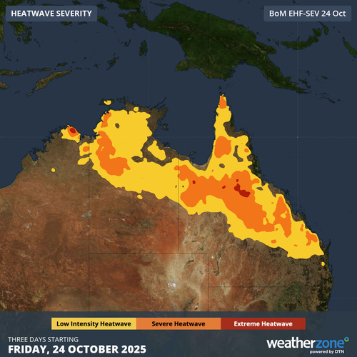 Condições de ondas de calor severas a extremas previstas entre sexta-feira e domingo em partes de QLD, NT e WA.