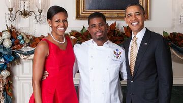 L-R: Michelle Obama, Former White House Chef Tafari Campell and Barack Obama