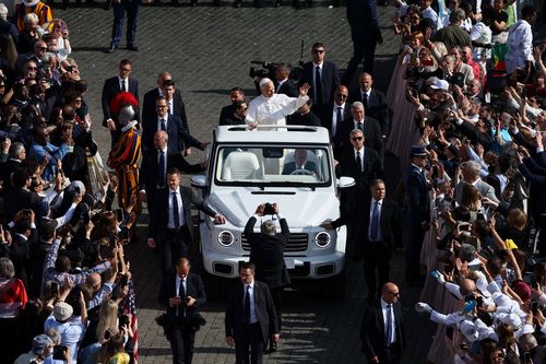 Pope Leo XIV greets visitors and worshippers ahead of the Inauguration Mass of Pope Leo XIV, at Vatican City 