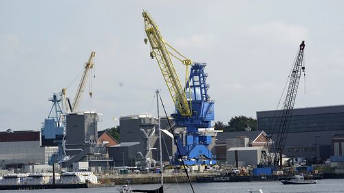 FILE - The Portsmouth Naval Shipyard is seen, Sept. 8, 2021, in Kittery, Maine. (AP Photo/Robert F. Bukaty, File)