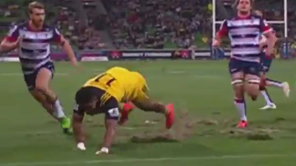 Rugby player trips up on crater-like divot 