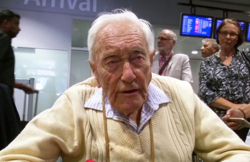 David Goodall answered reporters' questions after arriving at Basel's airport. (AAP)