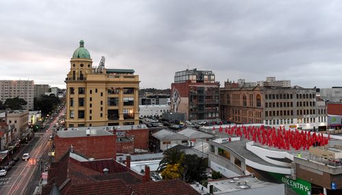 View from the top: Tunick's artwork was a bold pop of colour above Chapel Street. Picture: AAP