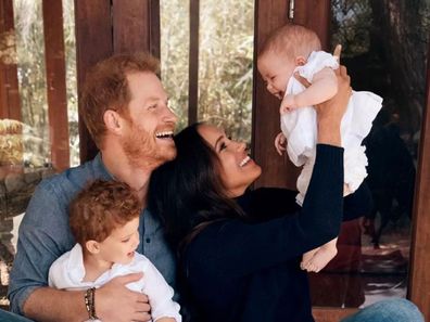 Prince Harry and Meghan, the Duchess of Sussex with their children Archie and Lilibet photographed for their 2021 Christmas card.